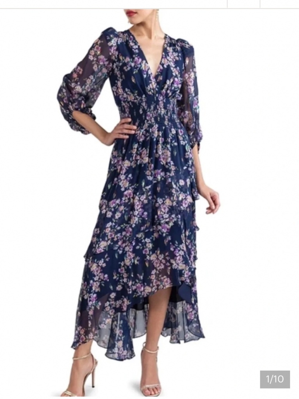 Shoshanna navy/purple 3/4 sleeve flowy dress